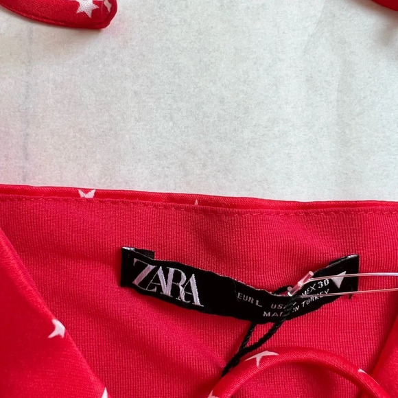 NWOT ZARA Red Satin Laced V-NECK Viscose Blend Stars Print BODYSUIT SIZE Large - Picture 5 of 8